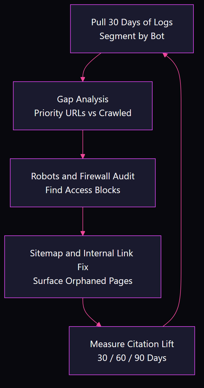 Flowchart showing the five-step AI crawler log analysis framework: baseline crawl audit, gap analysis, robots and firewall check, sitemap and internal linking fix, and citation lift measurement