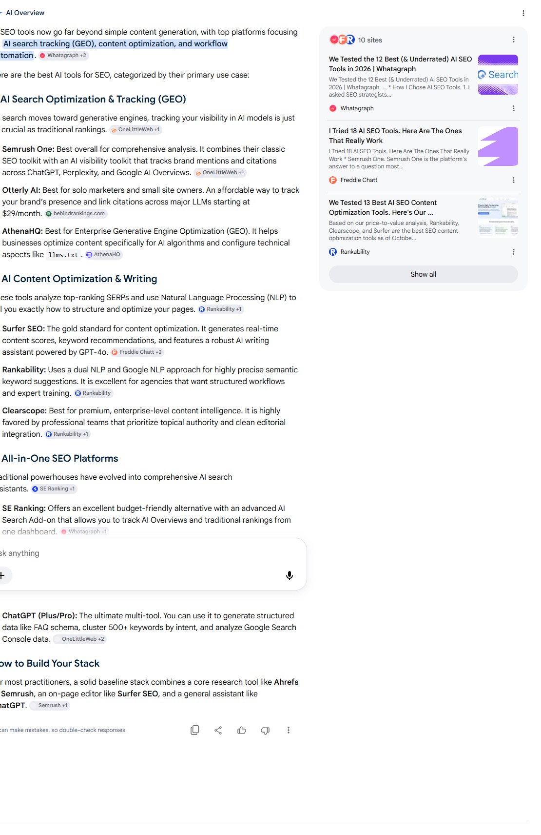 Google AI Overview for best AI search optimization tools: a compact categorized list citing Semrush, Surfer SEO, SE Ranking, Ahrefs and ChatGPT.