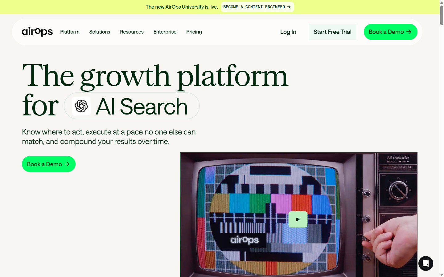 AirOps homepage, the growth platform for AI Search across Google, Gemini, Perplexity, Claude, and ChatGPT.