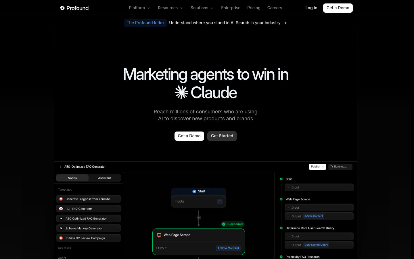 Profound homepage showing marketing agents and an AEO workflow builder for AI search visibility.