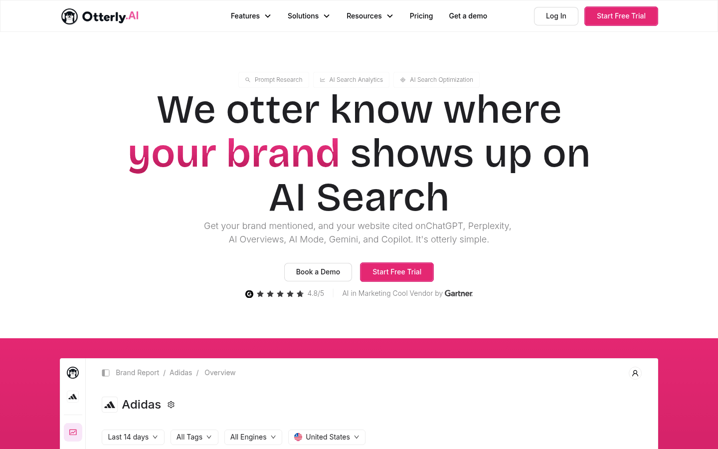 Otterly.ai homepage with an AI search brand report dashboard tracking mentions across ChatGPT, Perplexity, AI Overviews, and Copilot.