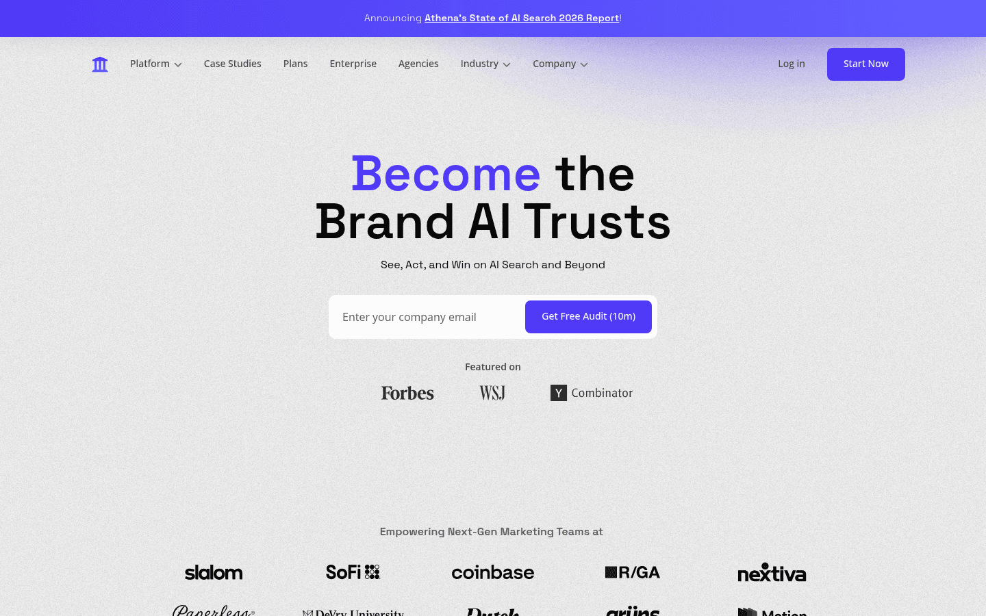 AthenaHQ homepage, an AEO and GEO platform that monitors brand visibility across eight large language models.