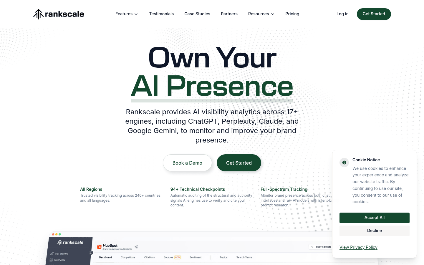 Rankscale homepage advertising AI visibility analytics across 17 plus engines including ChatGPT, Perplexity, Claude, and Gemini.
