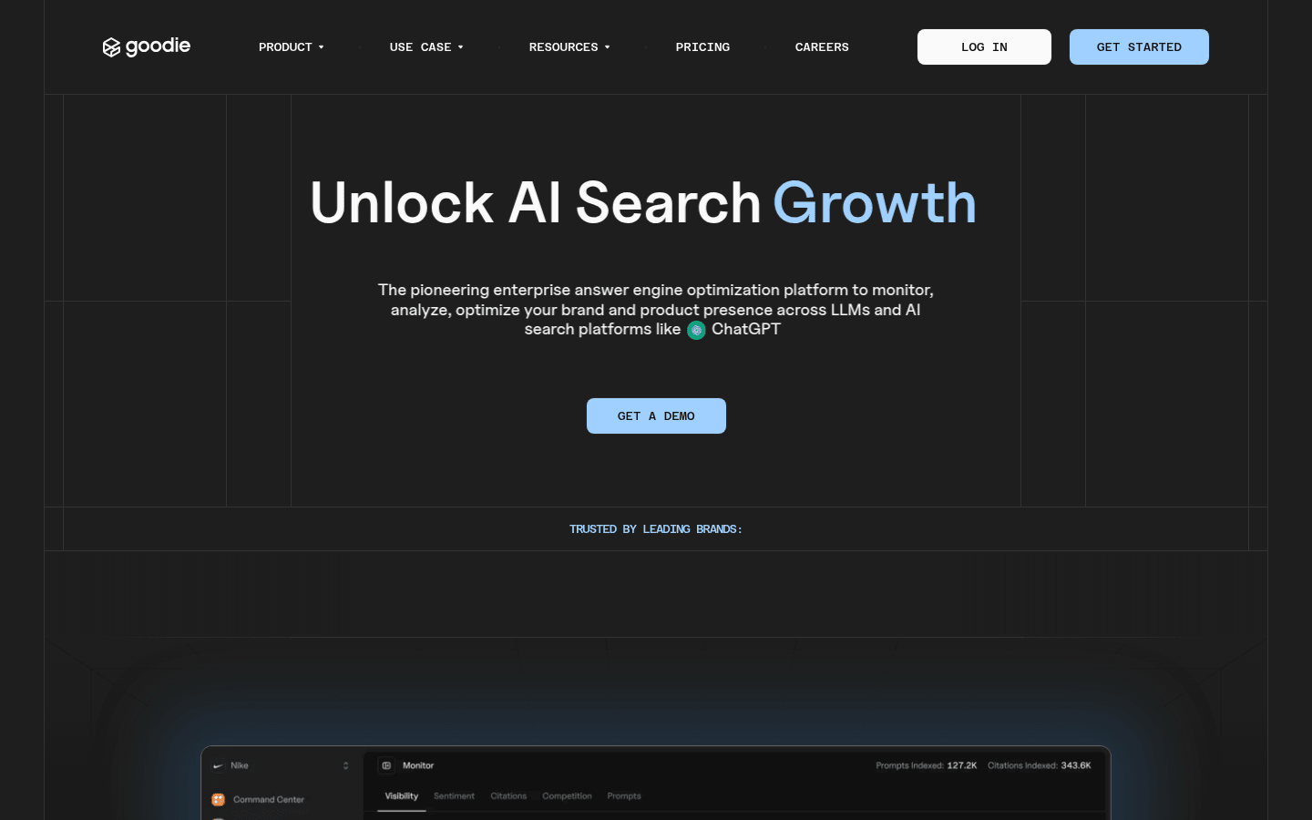 Goodie homepage, an enterprise answer engine optimization platform monitoring brand presence across LLMs and AI search.