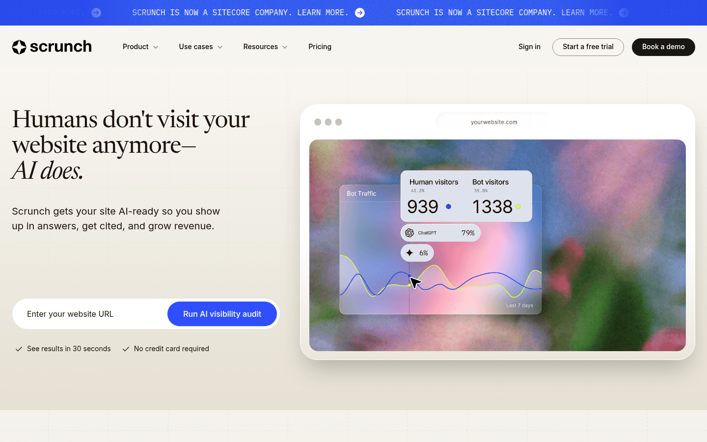 Scrunch homepage showing an AI visibility audit comparing human and bot visitors, now a Sitecore company.