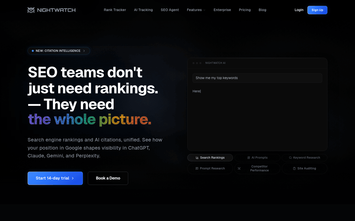 Nightwatch homepage unifying SEO rank tracking and AI citation intelligence across ChatGPT, Claude, Gemini, and Perplexity.