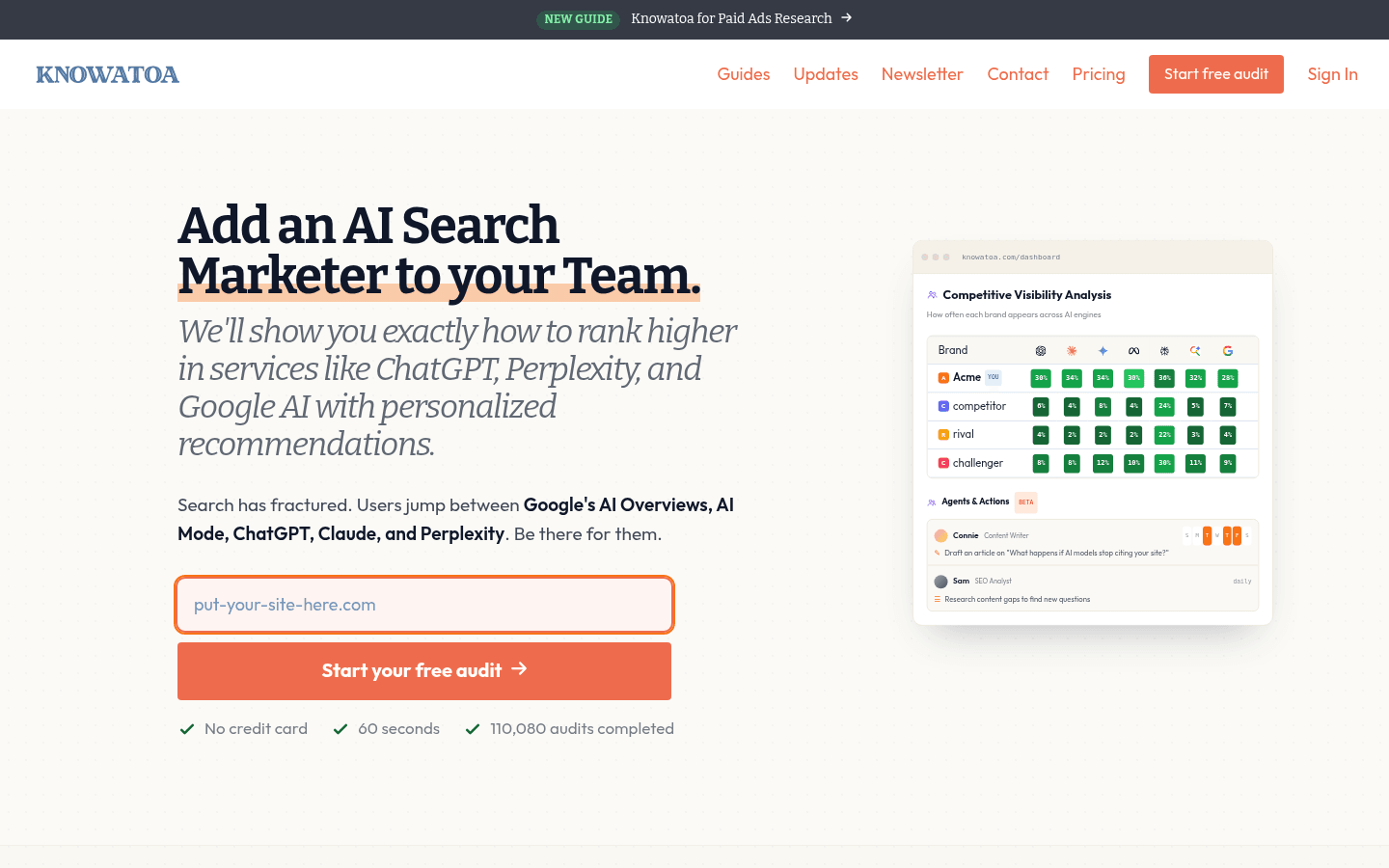 Knowatoa homepage with a competitive AI visibility analysis dashboard across multiple AI engines.