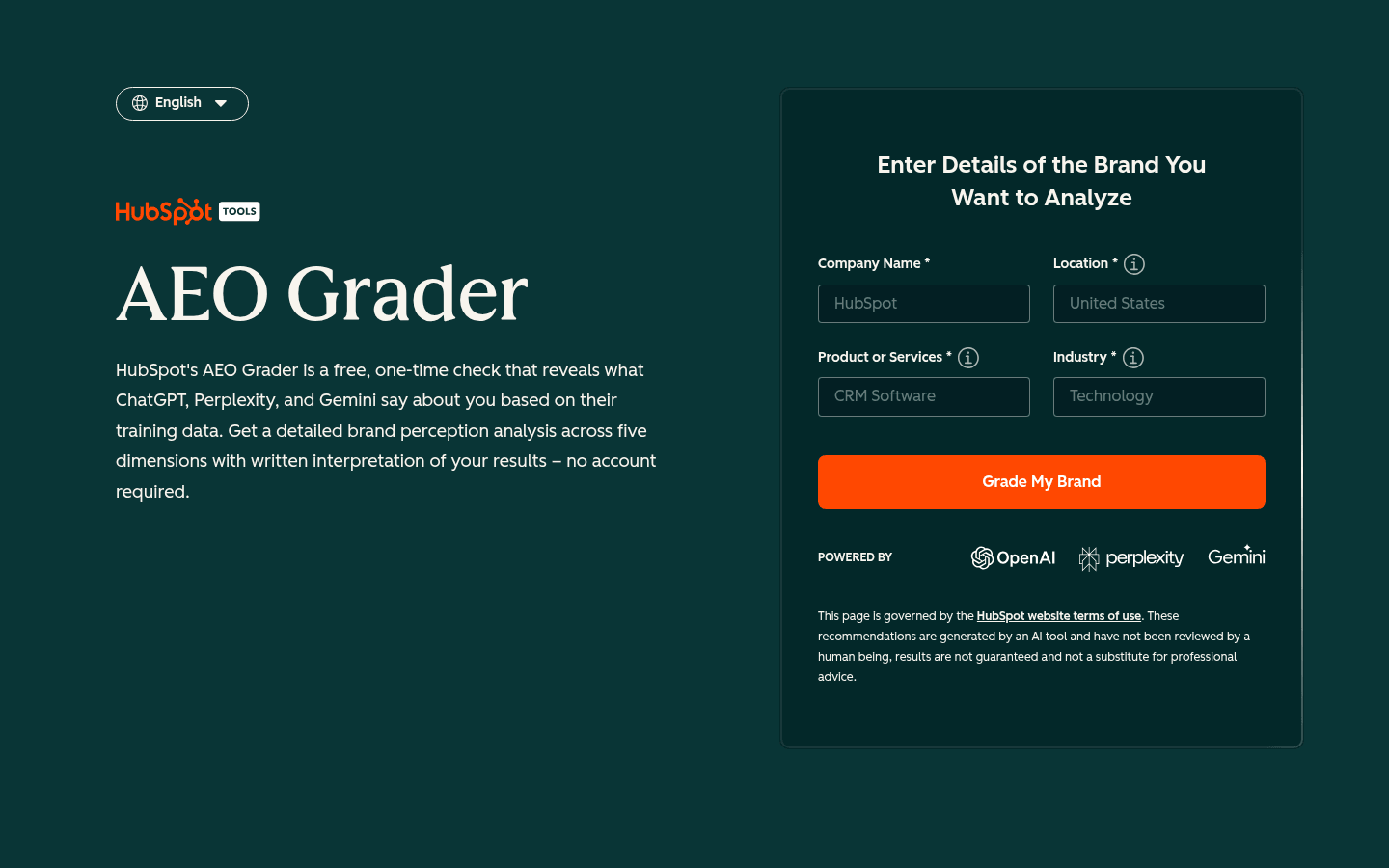 HubSpot AI Search Grader form, a free brand diagnostic powered by OpenAI, Perplexity, and Gemini.