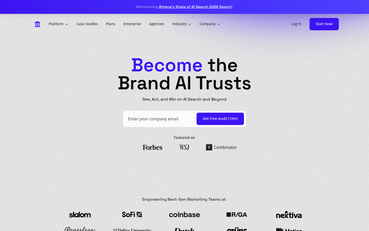 AthenaHQ homepage, Become the Brand AI Trusts, featuring customer logos including SoFi and Coinbase and press from Forbes and the Wall Street Journal.