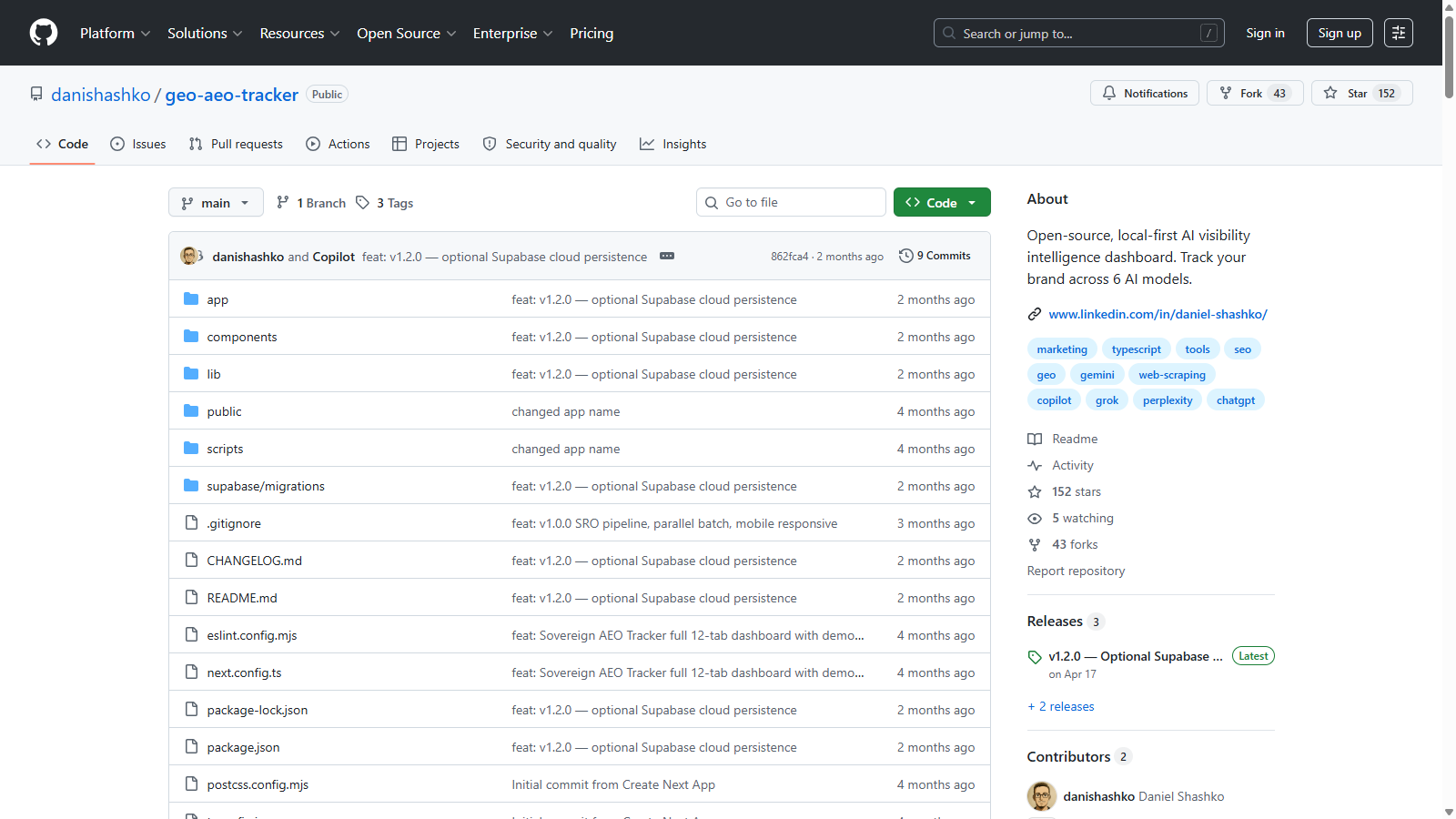 GEO AEO Tracker repository on GitHub with 152 stars and 43 forks