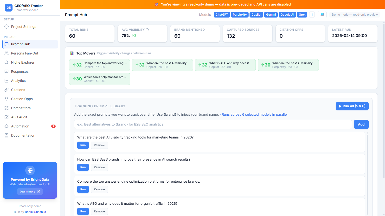 GEO AEO Tracker Prompt Hub: tracking prompts running across six AI models in parallel
