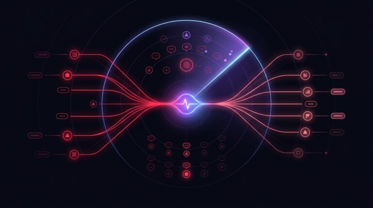 Neon radar sweep scanning brand nodes and AI answer bubbles across AI search engines, representing tracking and growing brand visibility with GEO tools.