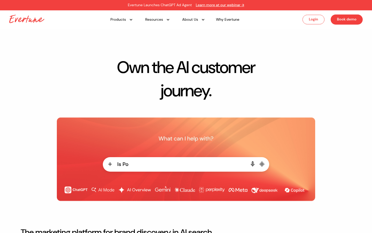 Evertune homepage, Own the AI customer journey, with an AI search input and logos for ChatGPT, AI Mode, Gemini, Claude, Perplexity, Meta, DeepSeek, and Copilot.