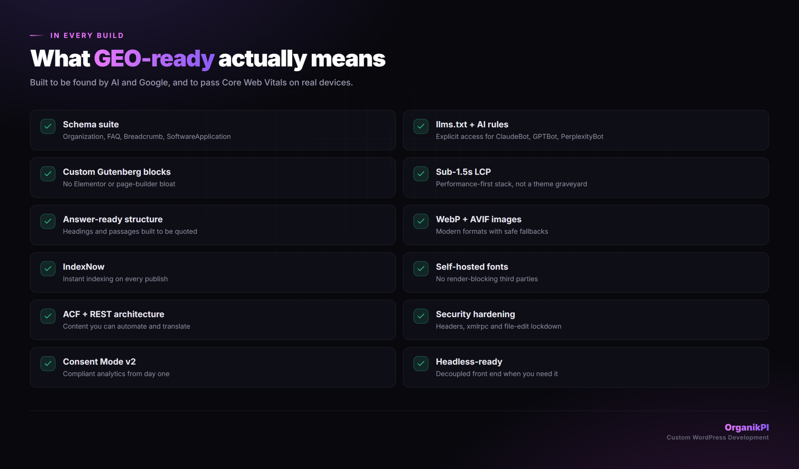 What a GEO-ready WordPress build includes