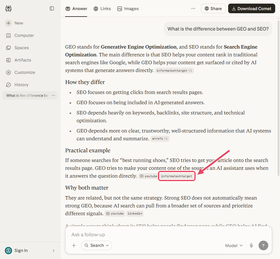 Perplexity answering what is the difference between GEO and SEO, with the inline Informa TechTarget citation chip highlighted in the answer