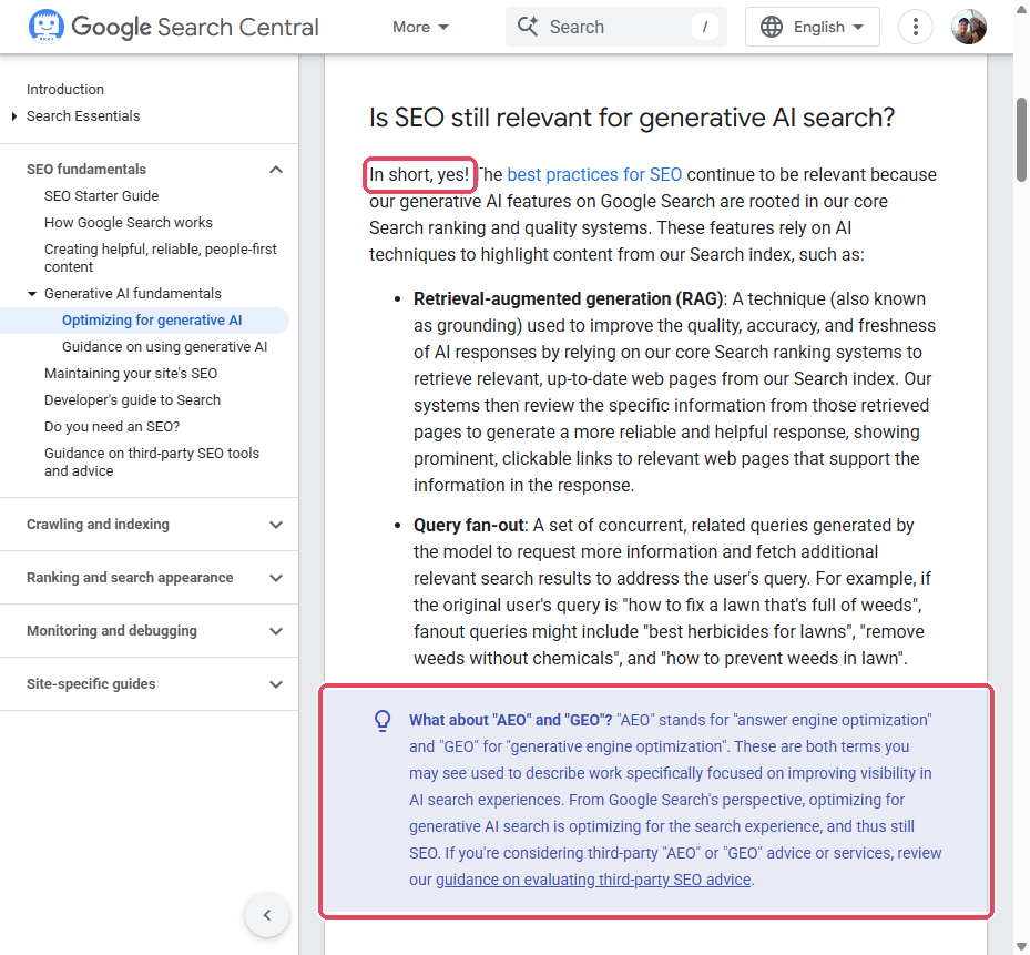 Google Search Central documentation answering Is SEO still relevant for generative AI search with In short, yes! boxed at the top, and the What about AEO and GEO callout boxed at the bottom