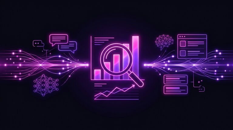 Neon search lens over a rising chart and ranking lines connecting to AI chat bubbles, representing tracking brand visibility across SEO and AI search.