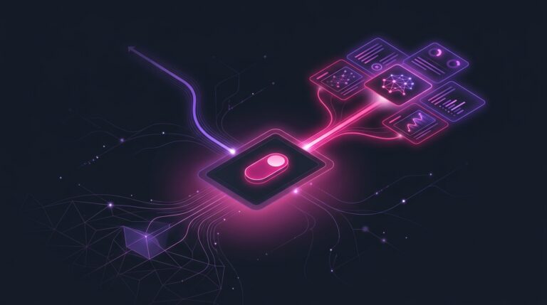 Neon toggle switch with one data stream flowing into AI answer cards and another diverting away, representing a website owner choosing whether to appear in AI search answers.
