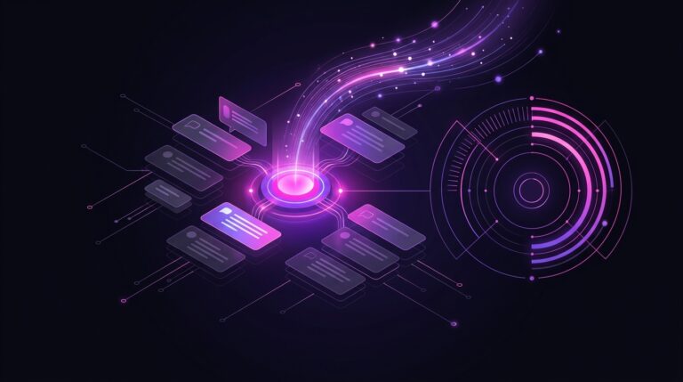 Neon brand node at the center of floating AI answer cards and citation links, with a circular share of voice gauge, representing tracking a brand's visibility across AI search engines.