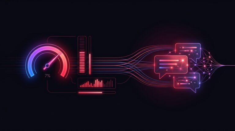 Neon dashboard with a brand visibility gauge, sentiment and position meters, and data streams flowing to AI chat bubbles, representing measuring a brand in AI search.