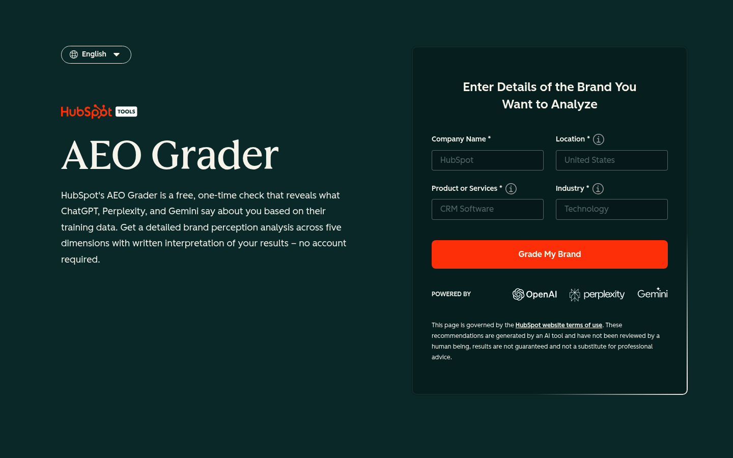 HubSpot AEO Grader form asking for a brand name, location, product, and industry, a free no-account AI brand analysis powered by OpenAI, Perplexity, and Gemini.