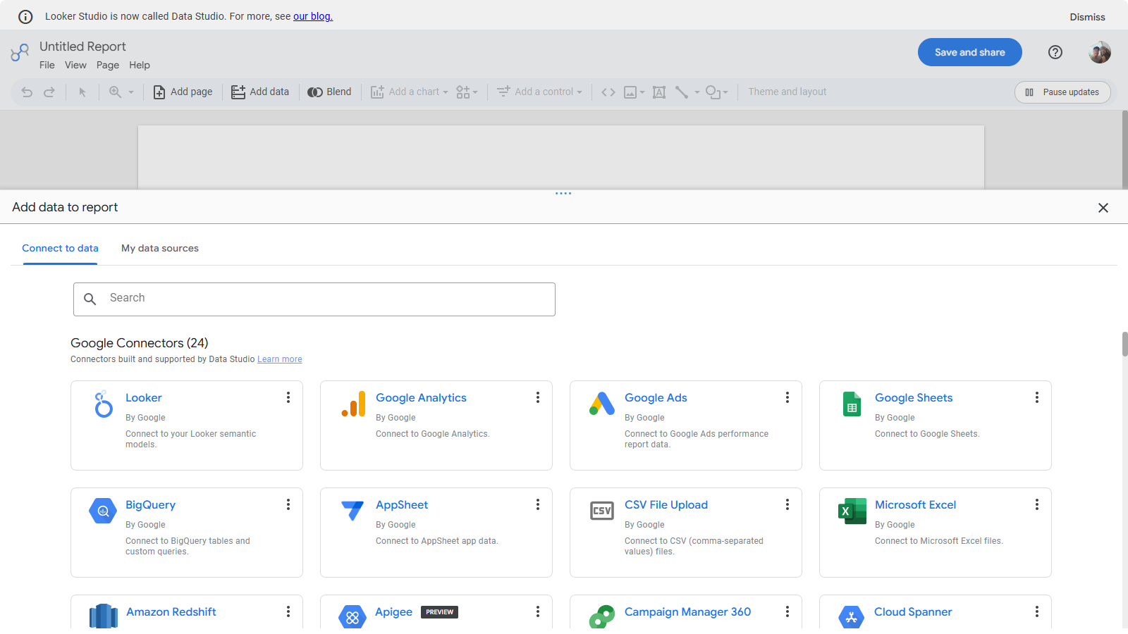 Looker Studio add data panel with the Google Analytics connector