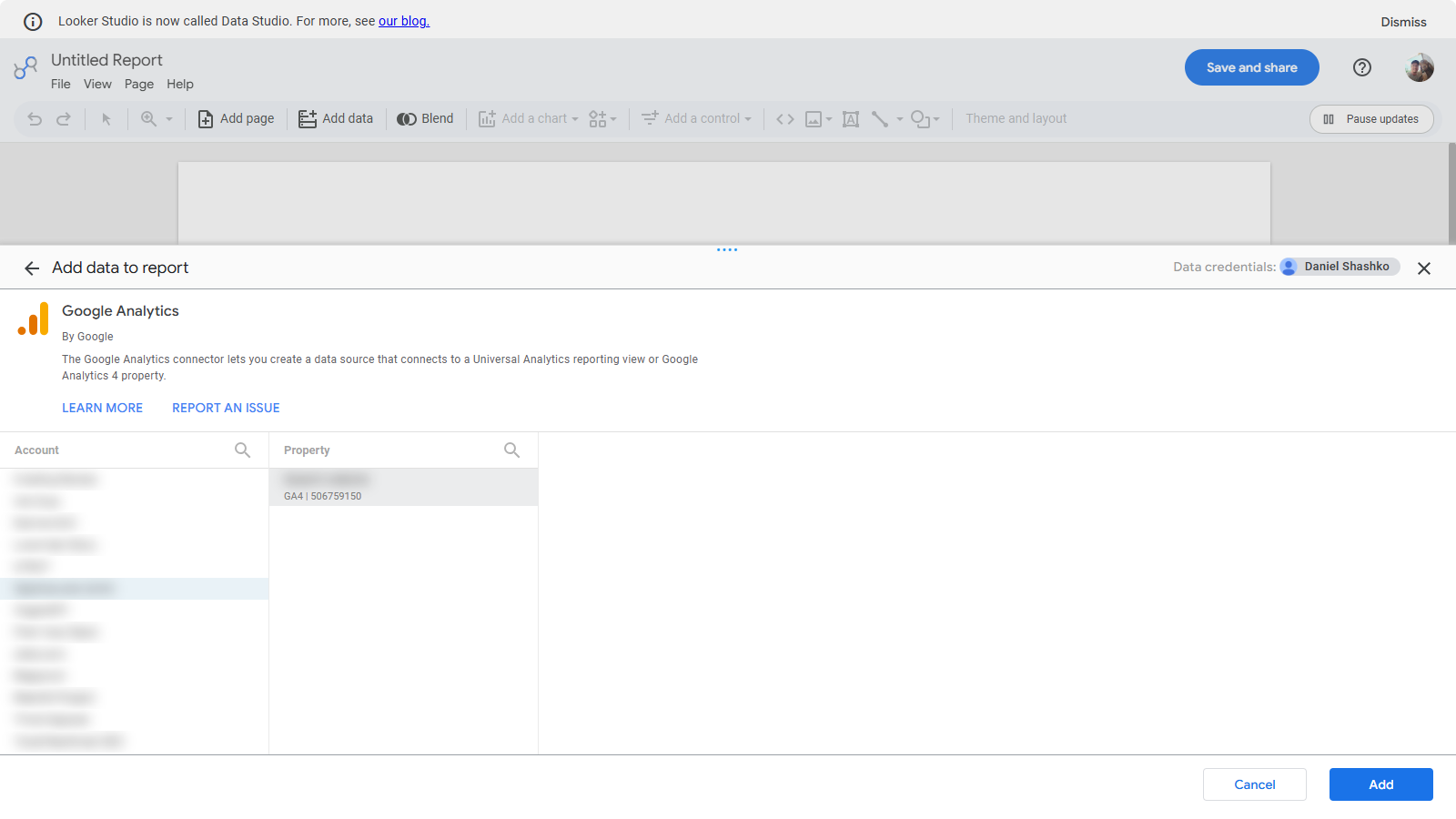 Selecting the GA4 account and property in the Looker Studio connector