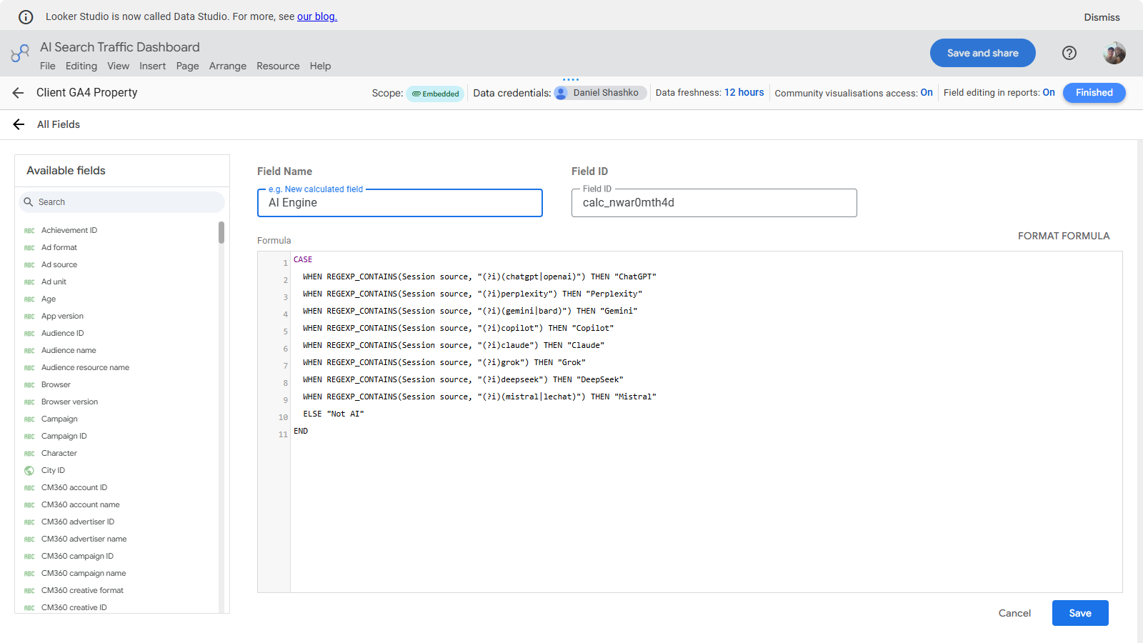 AI Engine calculated field with CASE formula in Looker Studio