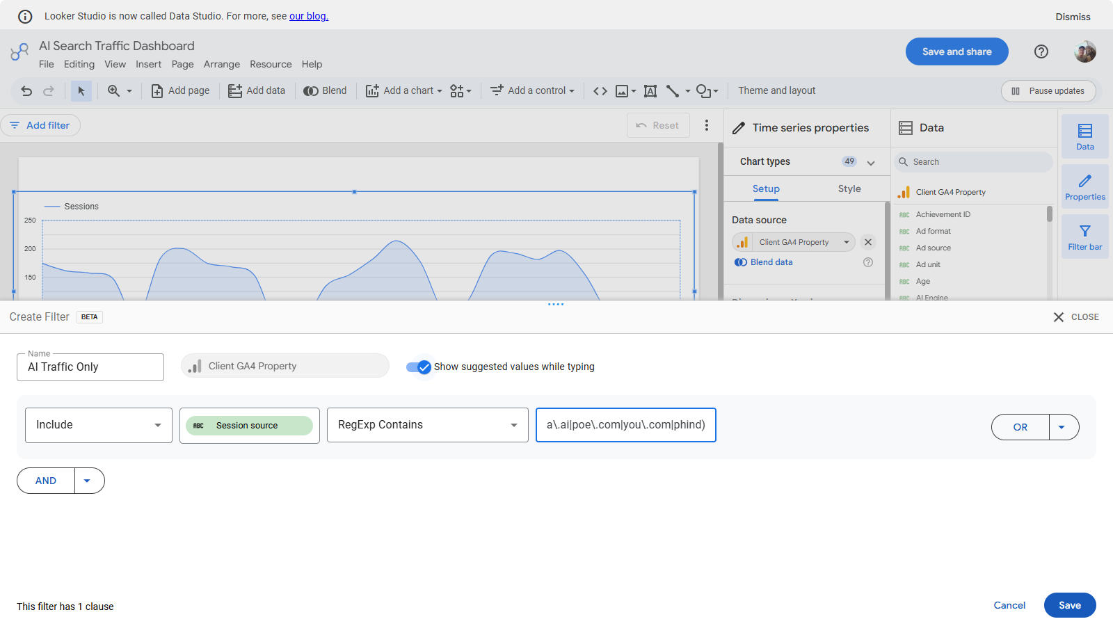 Creating the AI Traffic Only filter with RegExp Contains on session source