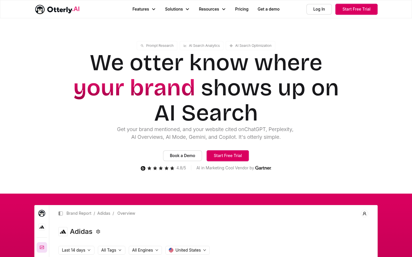 Otterly.ai homepage showing a brand report dashboard that tracks where a brand appears across ChatGPT, Perplexity, AI Overviews, and Copilot, rated 4.8 out of 5.