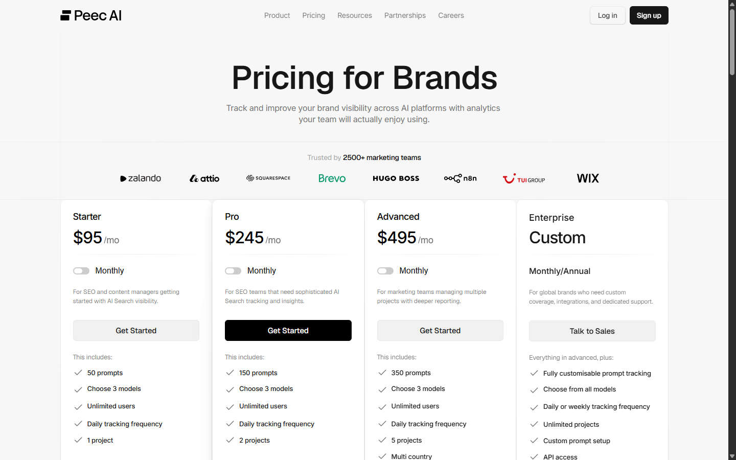Peec AI pricing showing Starter at 95 dollars, Pro at 245 dollars, and Advanced at 495 dollars per month, with unlimited users.