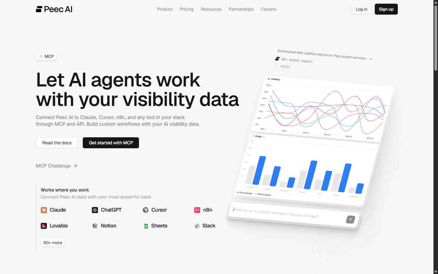 Peec AI MCP page showing how to connect AI visibility data to Claude, Cursor, and n8n through the Model Context Protocol.