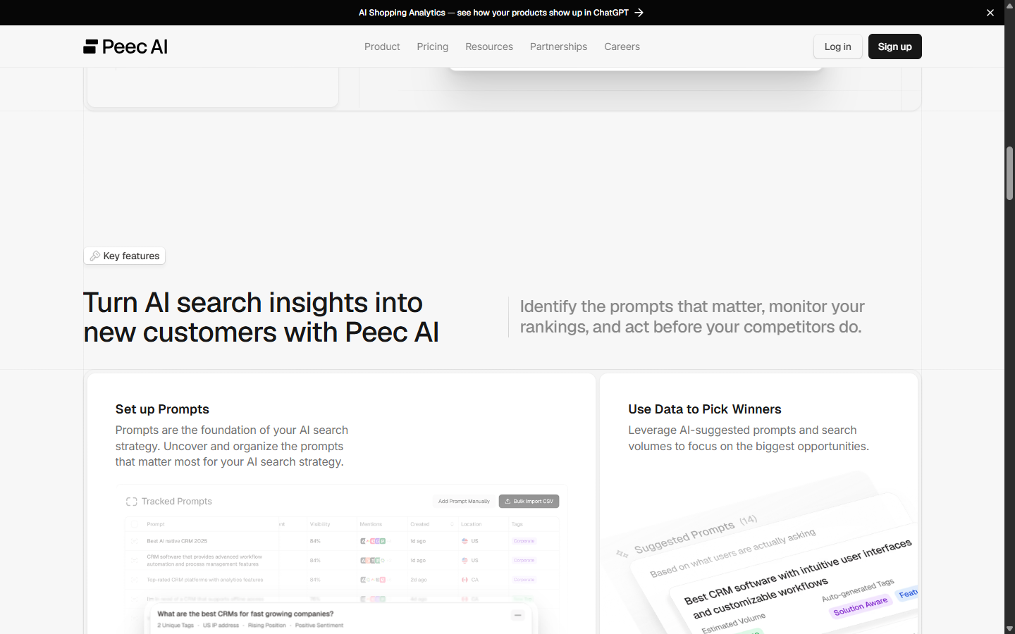 Peec AI feature page describing how it turns AI search insights into a prioritized action list across prompts, brands, models, sources, and recommendations.