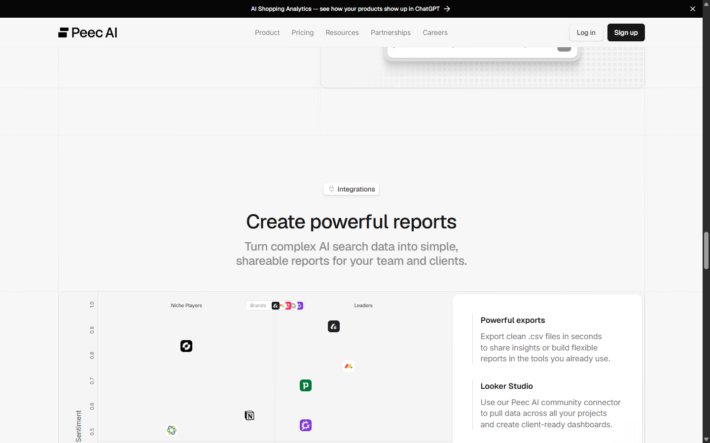 Peec AI reporting feature shown on its site, plotting brands by visibility and sentiment from niche players to leaders.