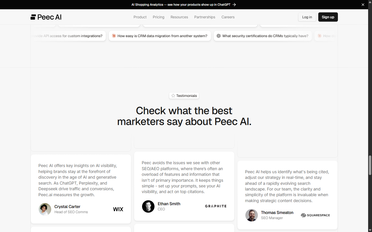 Peec AI testimonials from marketers, including Lily Ray and Crystal Carter.