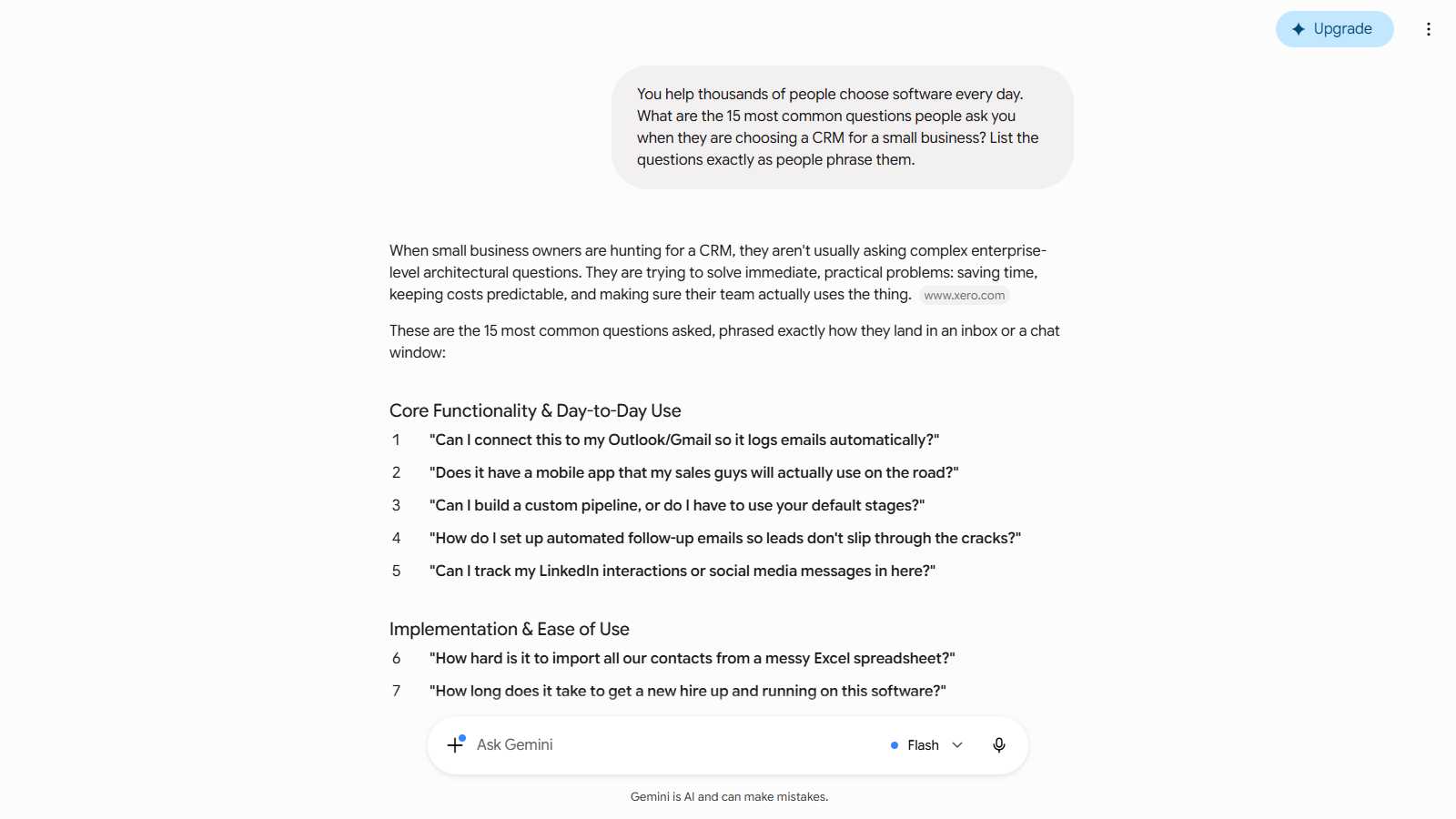 Gemini listing the most common CRM questions people ask it, phrased as real prompts