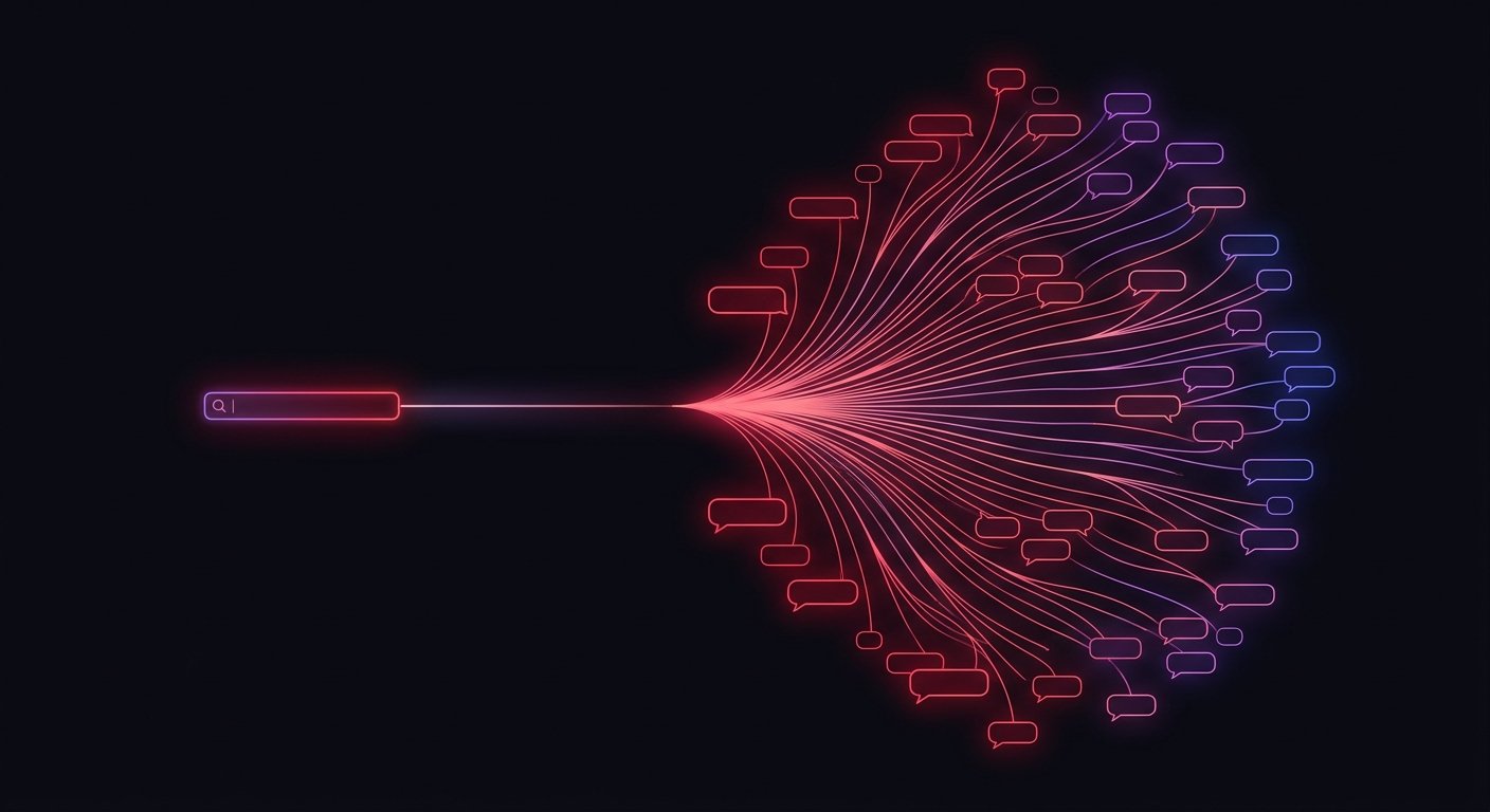 Concept: one keyword query versus one information need fanning out into many AI prompts