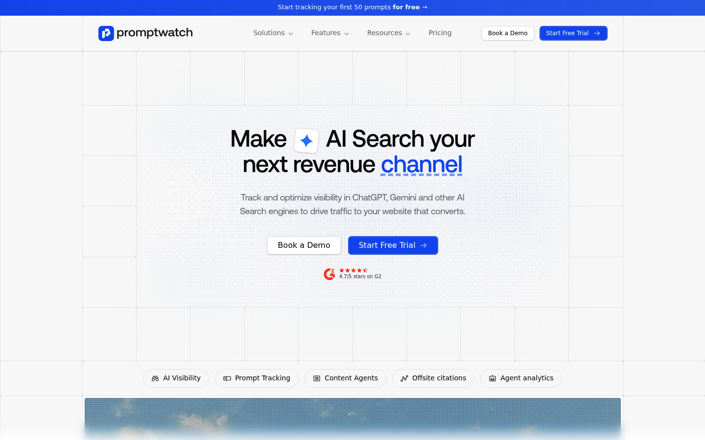 Promptwatch homepage, Make AI Search your next revenue channel, with feature tabs for AI visibility, prompt tracking, content agents, offsite citations, and agent analytics.