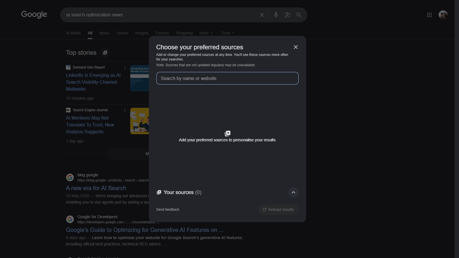 The Choose your preferred sources dialog in Google Search