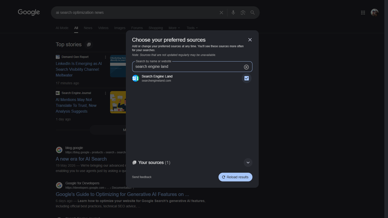 Adding a site as a preferred source: checkbox ticked and Your sources count at 1