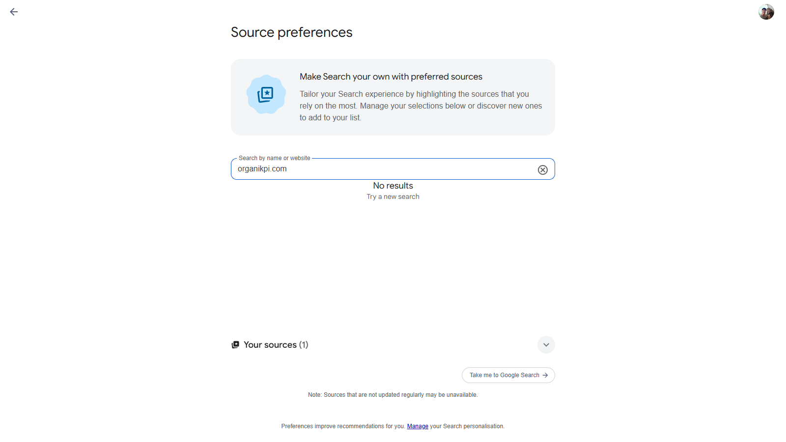 Source preferences deeplink showing No results for a site that is not yet eligible