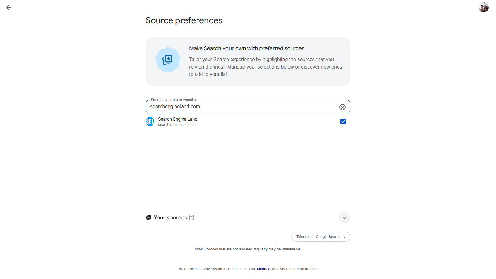 Source preferences deeplink resolving an eligible publisher by domain