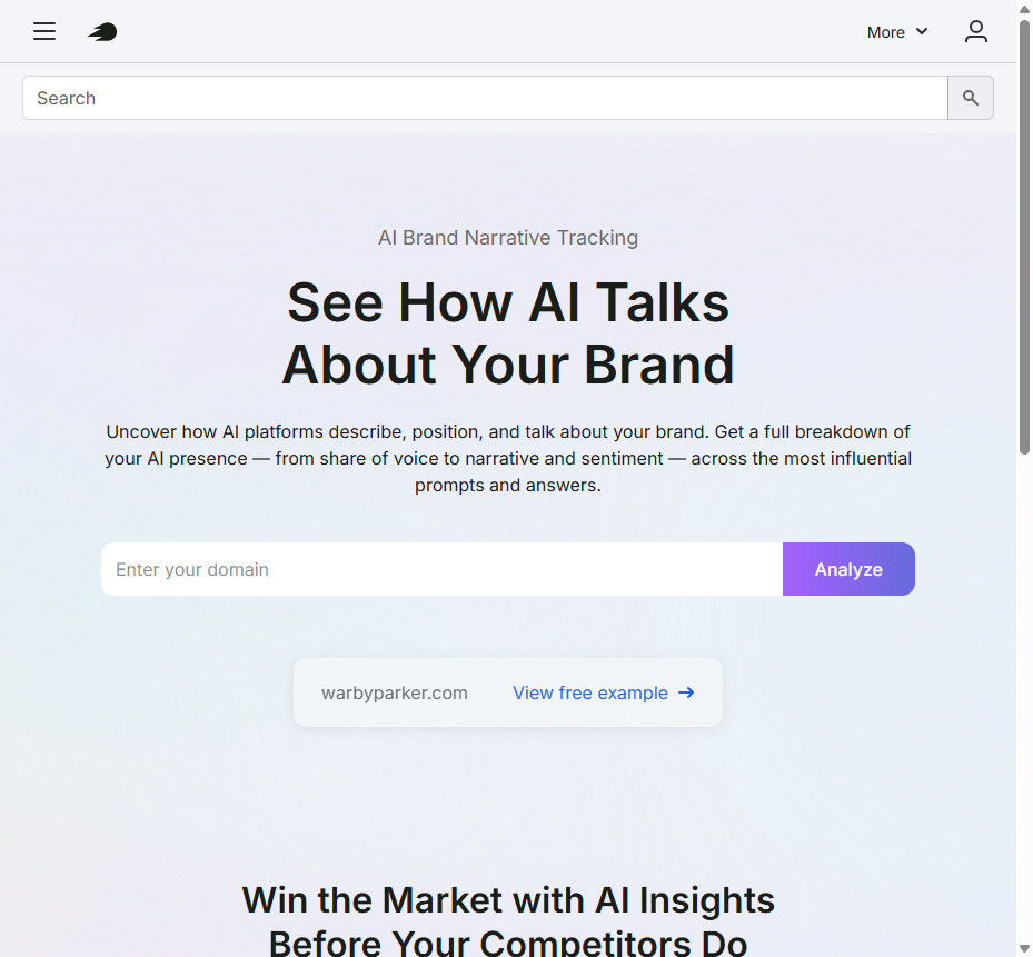 Semrush AI Brand Performance page, See How AI Talks About Your Brand, with a domain input to analyze AI share of voice, narrative, and sentiment.