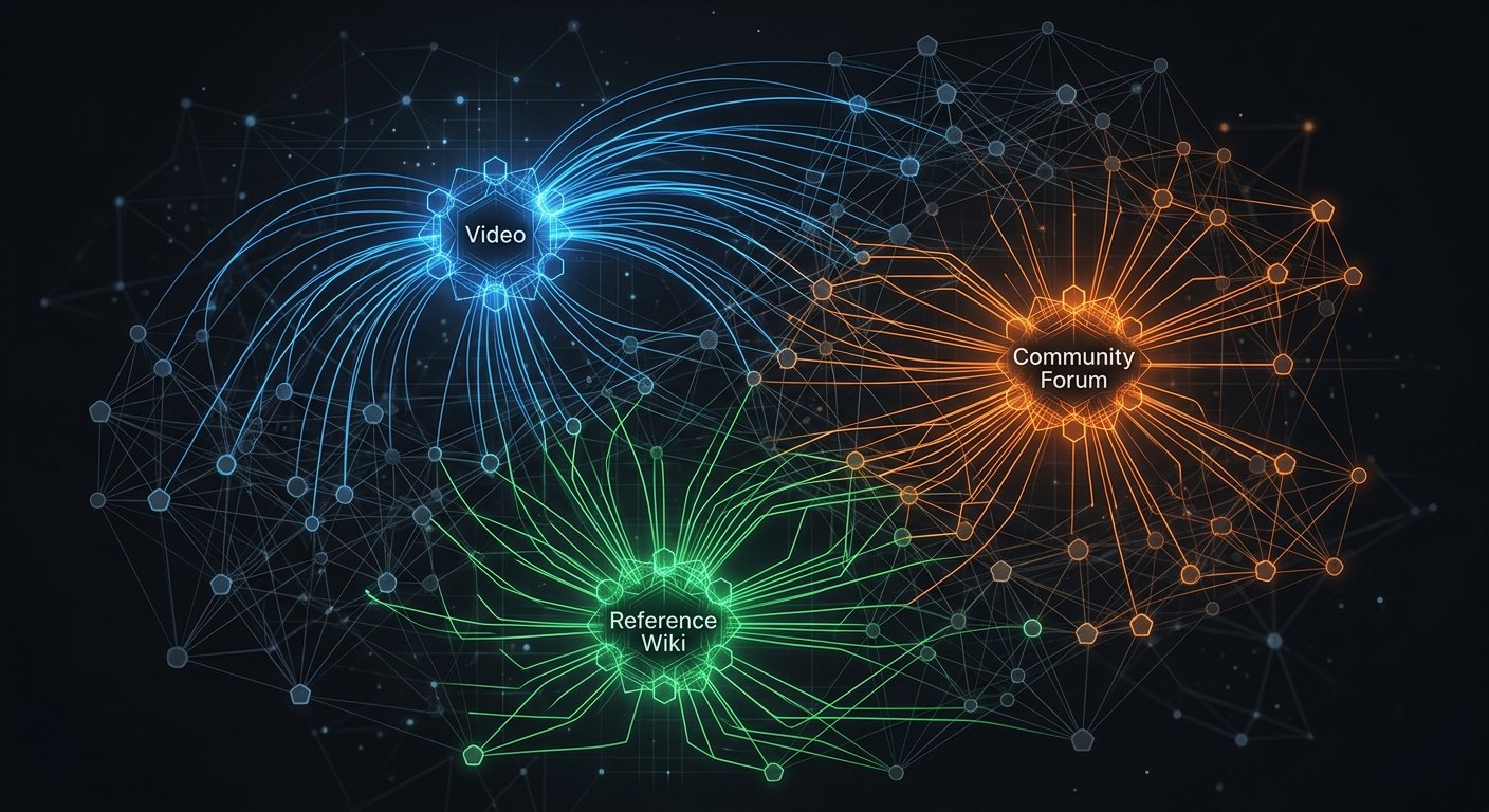 Network graph showing YouTube, Reddit, and Wikipedia as the three most-cited domain clusters connected to six AI search engine nodes