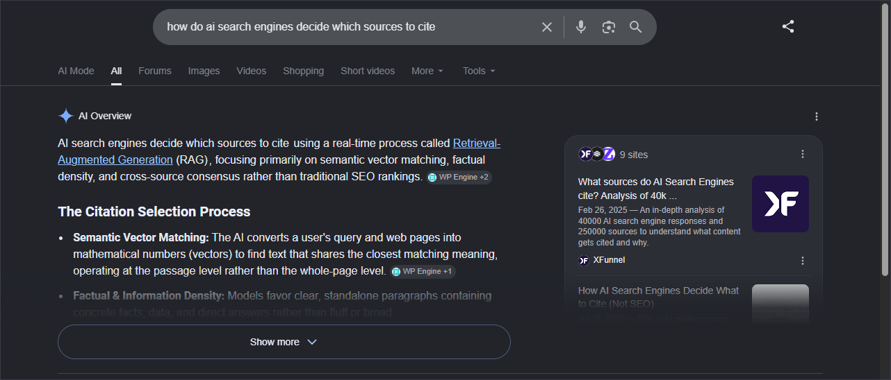 Google AI Overview answering how AI search engines decide which sources to cite, showing a generated answer that cites sources like WP Engine and XFunnel in a nine-site sources panel.
