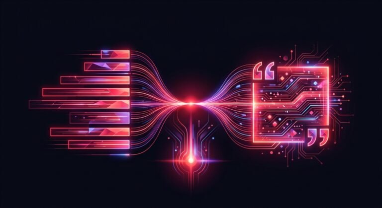 Block of ranked bars on the left and a quotation-mark circuit panel on the right, joined by converging light strands.