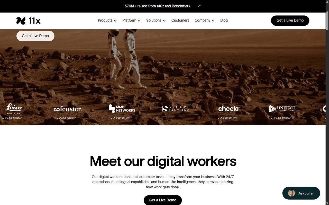 11x homepage introducing its digital workers, with the M+ raised from a16z and Benchmark banner and customer case studies