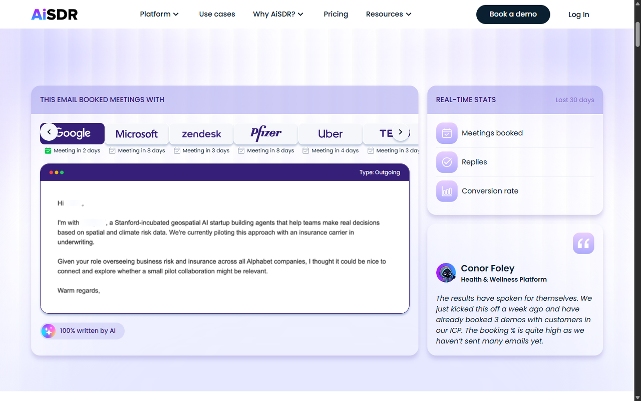 AiSDR's site showing an AI-written outbound email example with booked-meeting logos and a real-time stats panel