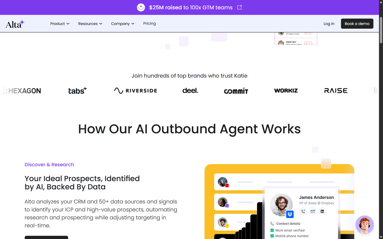 Alta's AI SDR page explaining how its outbound agent Katie identifies prospects from CRM data and 50+ signal sources
