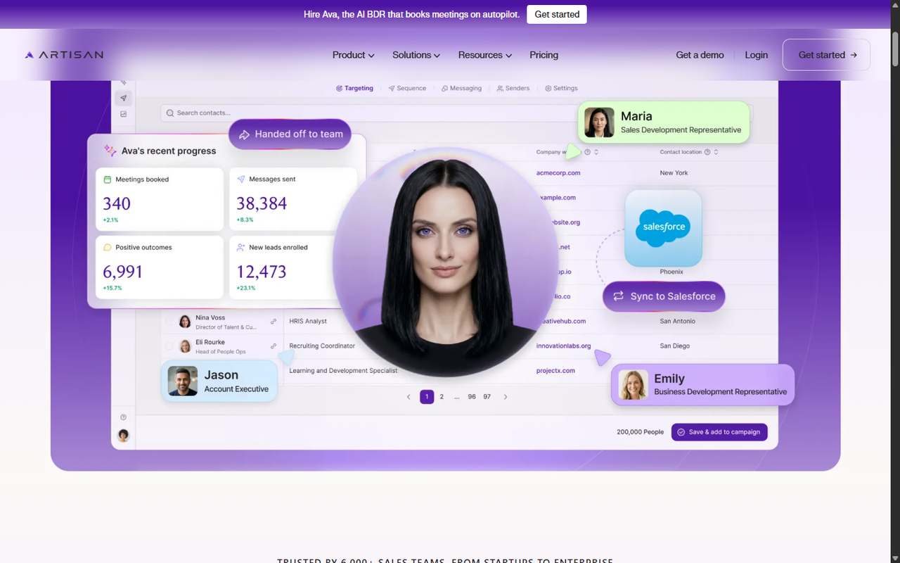 Artisan's public site showing Ava's campaign dashboard: 340 meetings booked, 38,384 messages sent, lead list with Salesforce sync